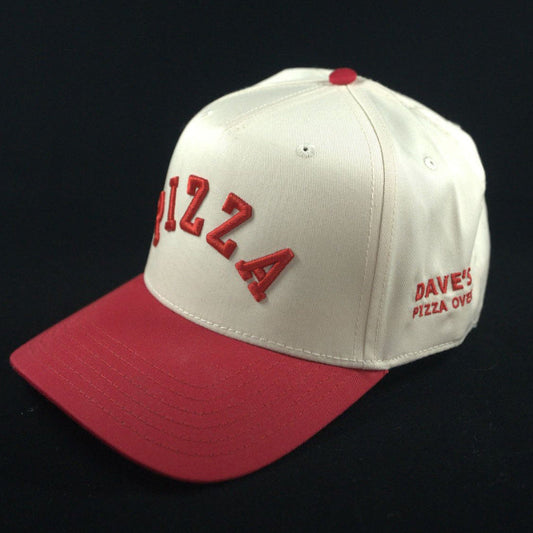 White and red cap with 'Pizza' and 'Dave's Pizza' text