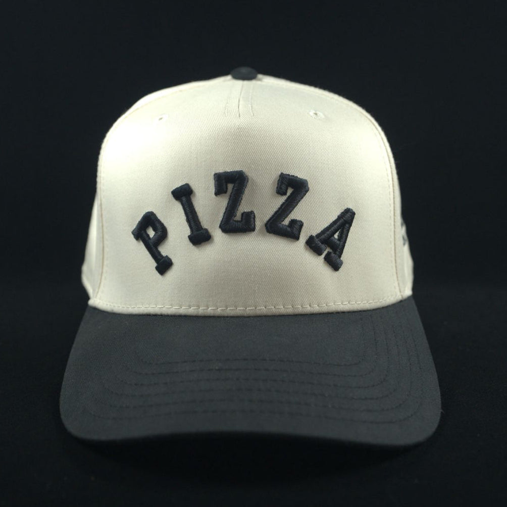 White and black cap with black 'PIZZA' text 