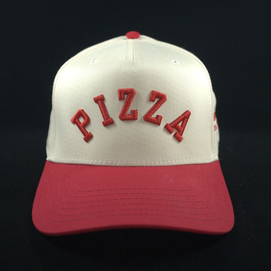 White and red cap with 'PIZZA' text 