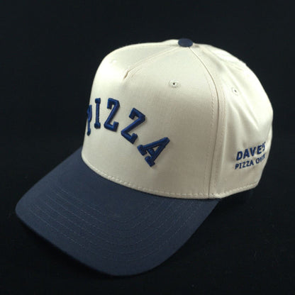 white and navy cap with PIZZA text