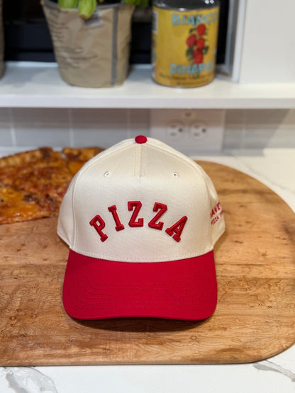 white and red cap with PIZZA text