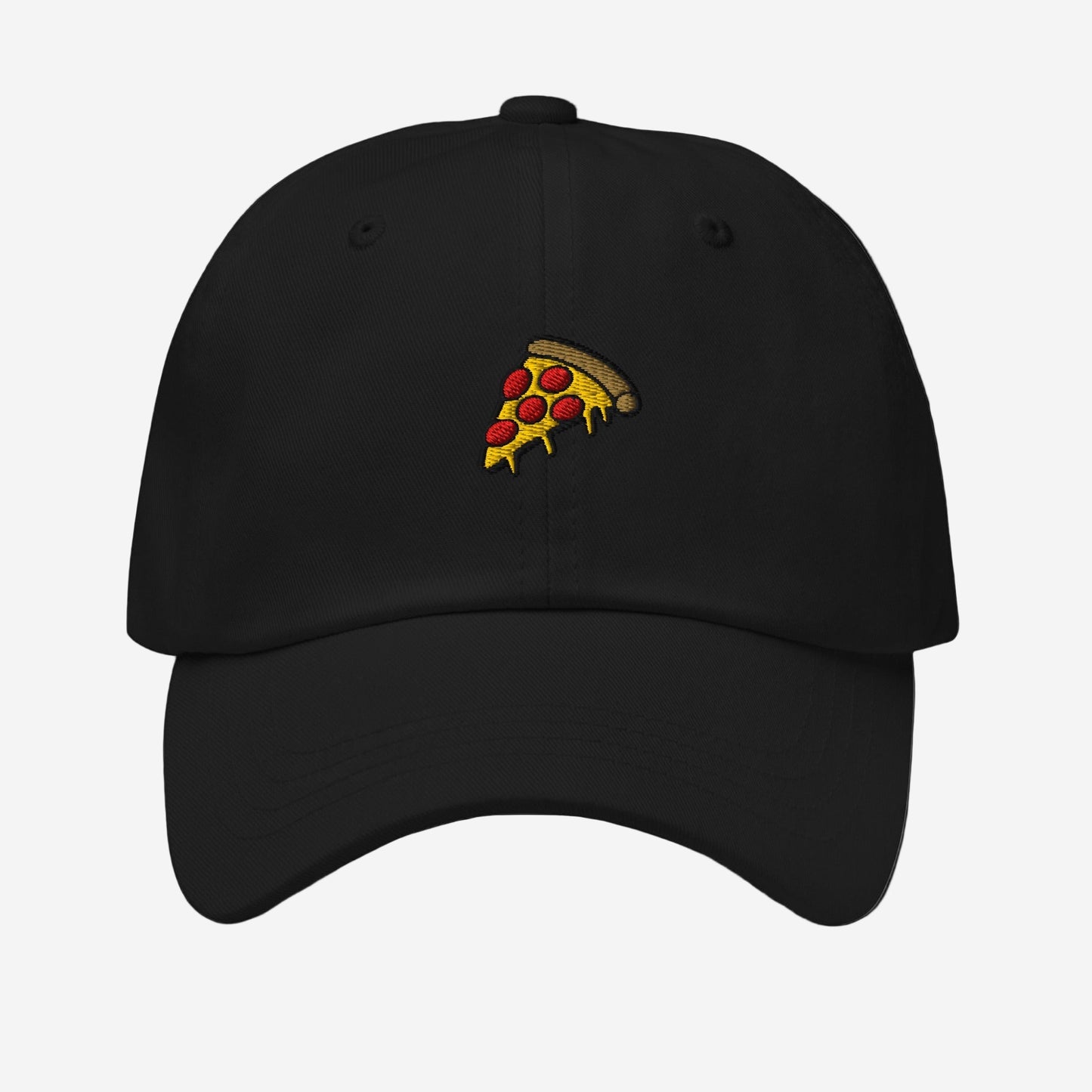 black dad cap with embroidered pizza logo