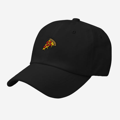 black dad cap with embroidered pizza logo
