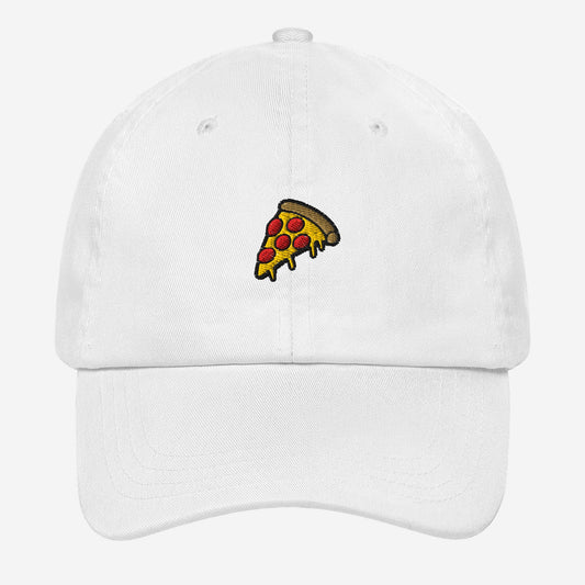 white dad hat with pizza logo