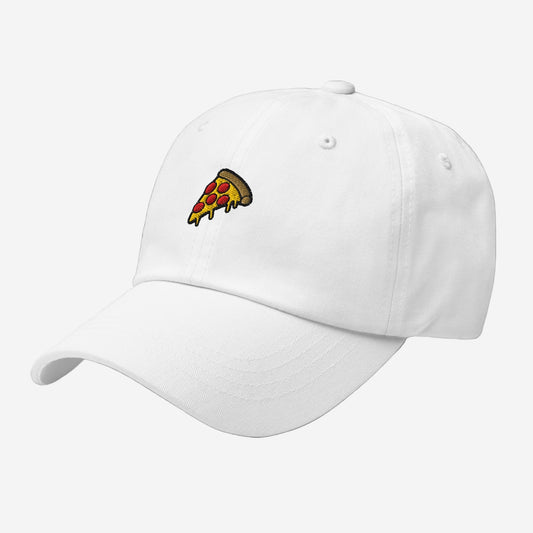 white dad hat with pizza logo