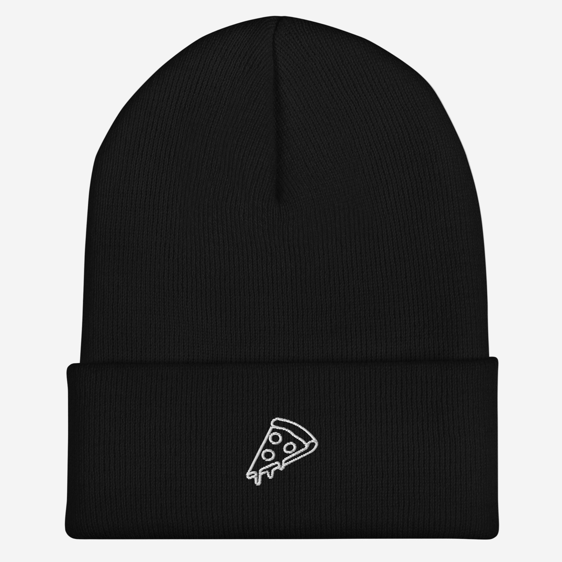 black cuffed beanie with embroidered pizza logo