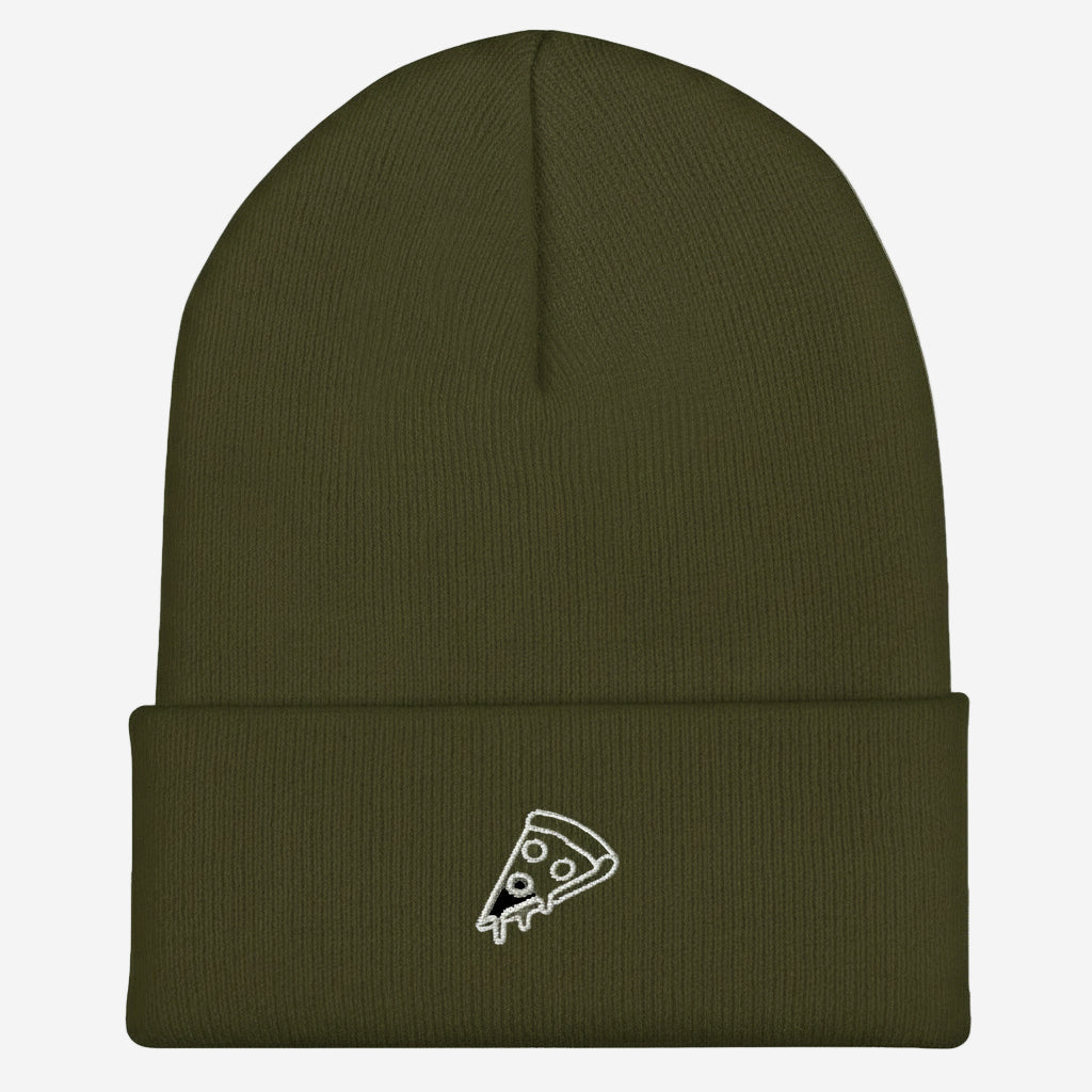 army green cuffed beanie with white pizza logo