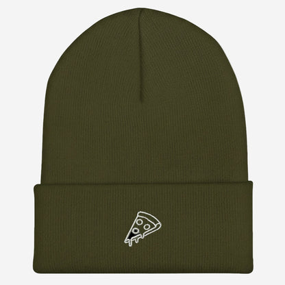 army green cuffed beanie with white pizza logo
