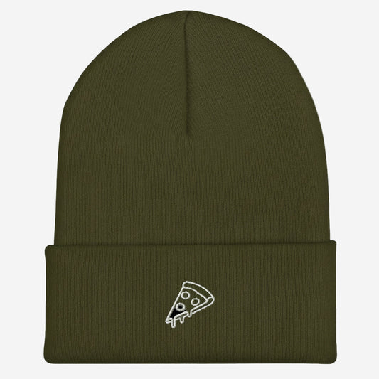 army green cuffed beanie with white pizza logo