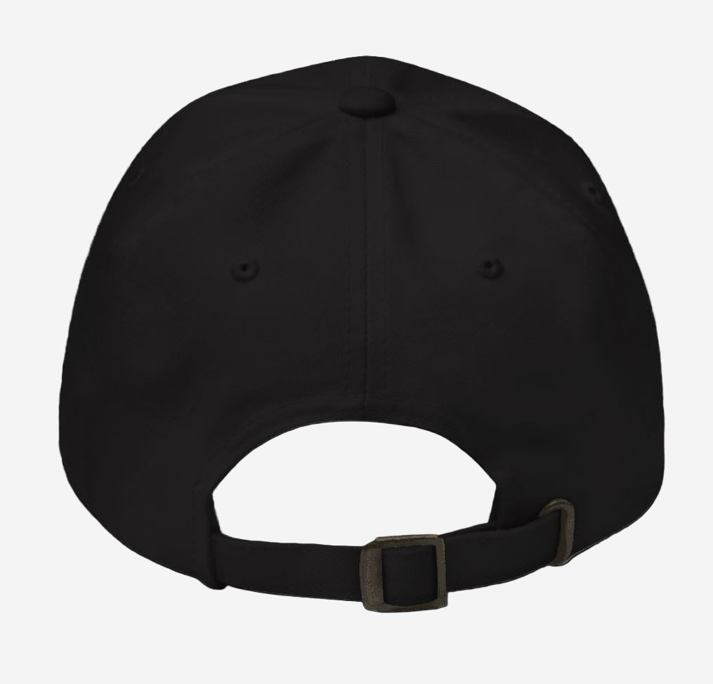 black dad cap with embroidered pizza logo