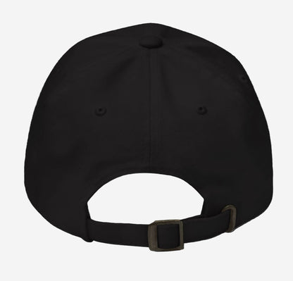 black dad cap with embroidered pizza logo